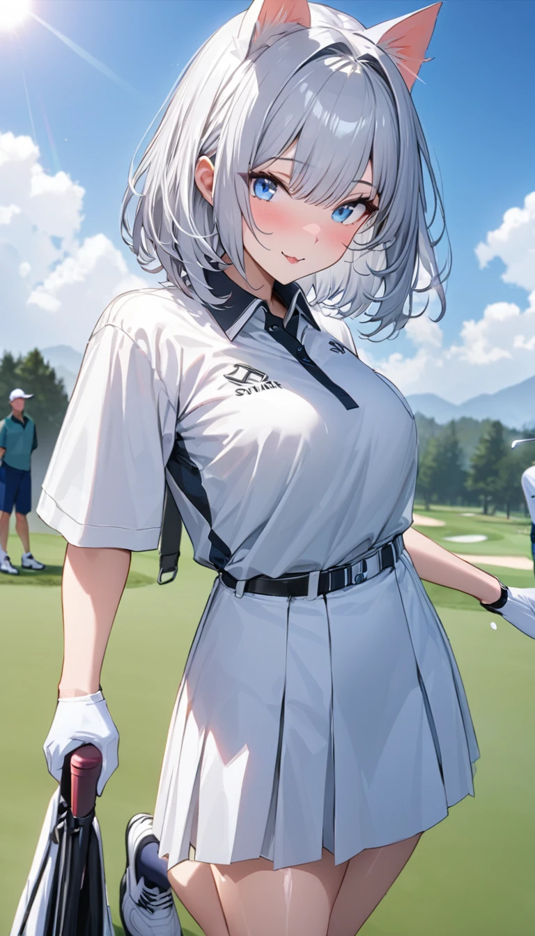 1girl、(((best quality)), ((masterpiece)), (details), masterpiece, best quality, high quality, ulutra detailed, perfect face, ((1girl, Blue eyes, cat ears: 1.3 silver bob hair: 2.5,))、Shiny Hair、Glowing Skin、Happy face、Lustful look、blue sky、Golf course、Caddy Back、Holding a golf club、Sun visor、Golf Wear、Golf Wearスカート、socks、Golf shoes