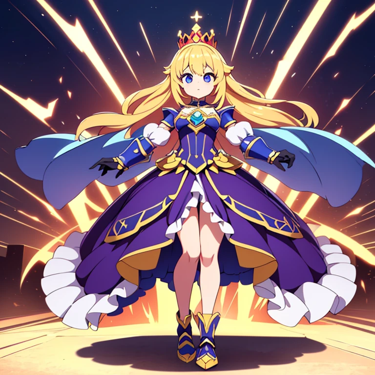 Create an anime-style image of a majestic and powerful female figure. She has long blonde hair and wears a golden crown adorned with jewels. Her expression is serious and determined, with piercing blue eyes. The figure is dressed in shiny and detailed armor that mixes tones of purple and gold, with decorative elements resembling wings on the shoulders. The armor is reinforced and elegant, covering her torso and arms, but leaving her legs partially exposed, wrapped
