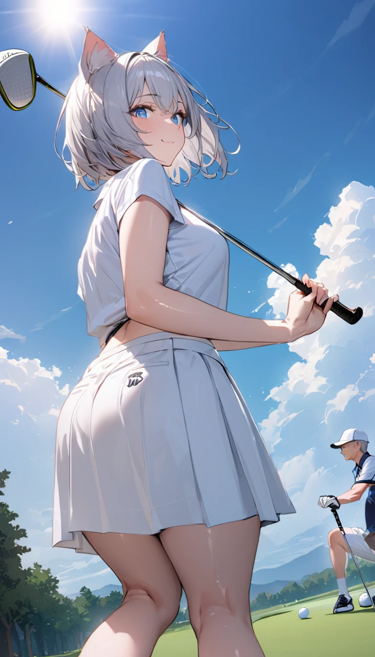 1girl、(((best quality)), ((masterpiece)), (details), masterpiece, best quality, high quality, ulutra detailed, perfect face, ((1girl, Blue eyes, cat ears: 1.3 silver bob hair: 2.5,))、Shiny Hair、Glowing Skin、Happy face、Lustful look、blue sky、Golf course、Caddy Back、Holding a golf club、Sun visor、Golf Wear、Golf Wearスカート、socks、Golf shoes