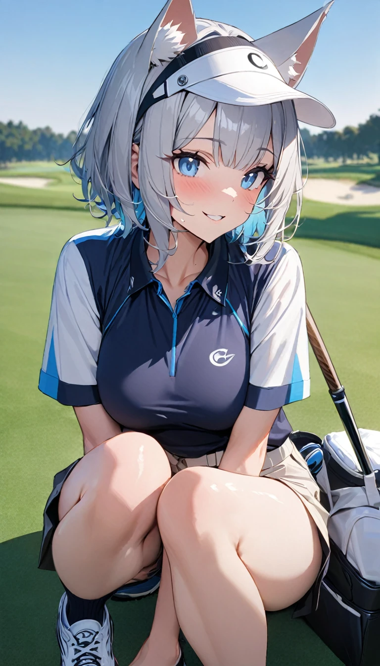 1girl、(((best quality)), ((masterpiece)), (details), masterpiece, best quality, high quality, ulutra detailed, perfect face, ((1girl, Blue eyes, cat ears: 1.3 silver bob hair: 2.5,))、Shiny Hair、Glowing Skin、Happy face、Lustful look、blue sky、Golf course、Caddy Back、Holding a golf club、Sun visor、Golf Wear、Golf Wearスカート、socks、Golf shoes