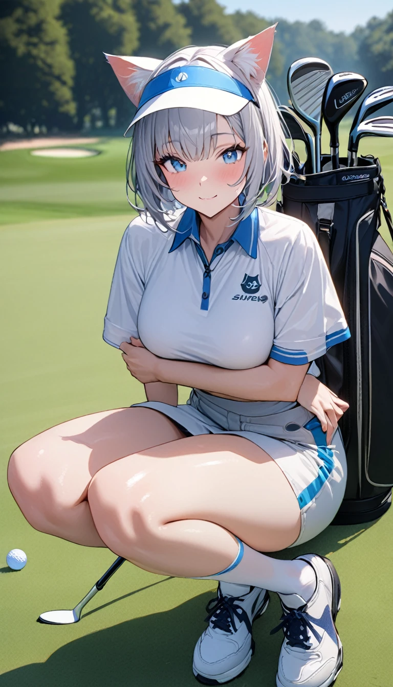 1girl、(((best quality)), ((masterpiece)), (details), masterpiece, best quality, high quality, ulutra detailed, perfect face, ((1girl, Blue eyes, cat ears: 1.3 silver bob hair: 2.5,))、Shiny Hair、Glowing Skin、Happy face、Lustful look、blue sky、Golf course、Caddy Back、Holding a golf club、Sun visor、Golf Wear、Golf Wearスカート、socks、Golf shoes