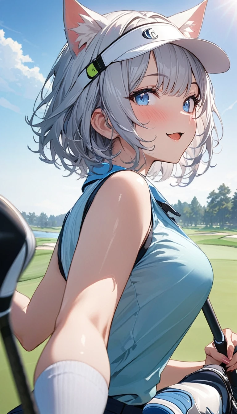 1girl、(((best quality)), ((masterpiece)), (details), masterpiece, best quality, high quality, ulutra detailed, perfect face, ((1girl, Blue eyes, cat ears: 1.3 silver bob hair: 2.5,))、Shiny Hair、Glowing Skin、Happy face、Lustful look、blue sky、Golf course、Caddy Back、Holding a golf club、Sun visor、Golf Wear、Golf Wearスカート、socks、Golf shoes