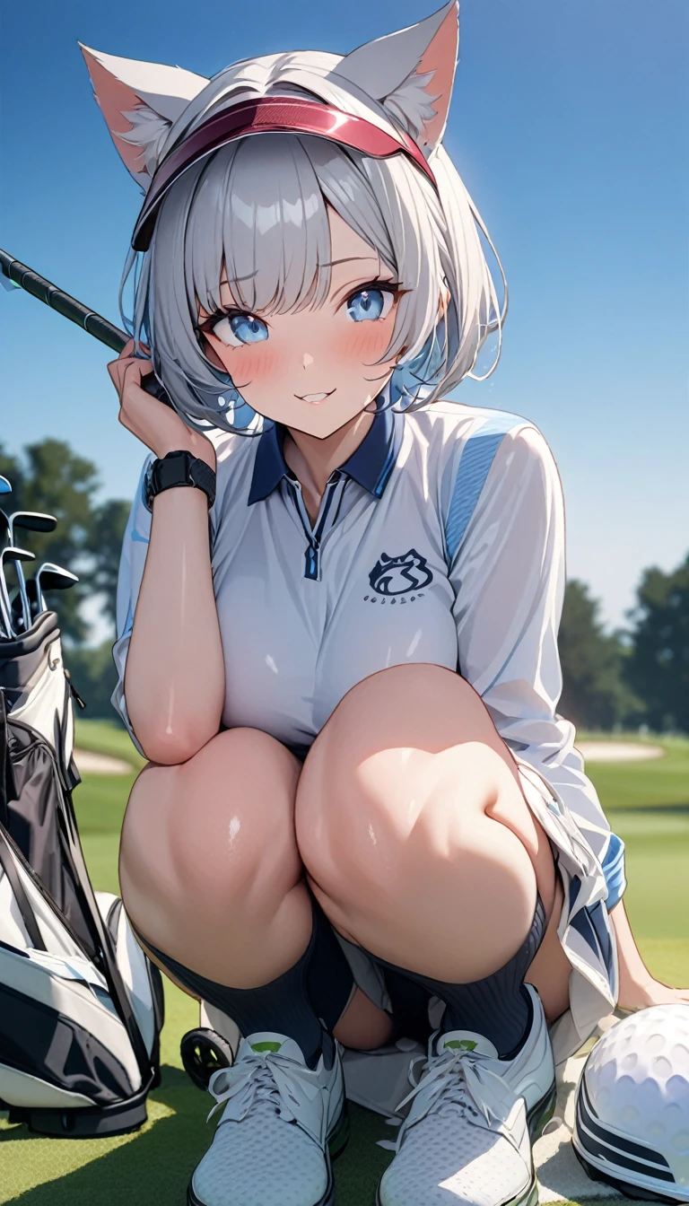 1girl、(((best quality)), ((masterpiece)), (details), masterpiece, best quality, high quality, ulutra detailed, perfect face, ((1girl, Blue eyes, cat ears: 1.3 silver bob hair: 2.5,))、Shiny Hair、Glowing Skin、Happy face、Lustful look、blue sky、Golf course、Caddy Back、Holding a golf club、Sun visor、Golf Wear、Golf Wearスカート、socks、Golf shoes