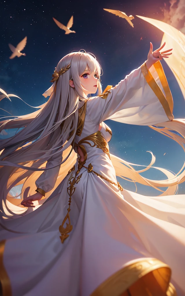 Girl, long hair, long dress, flying in the air and pointing upwards, while flying. Back view of the girl. Hd, ultra hd. Fantasy. 