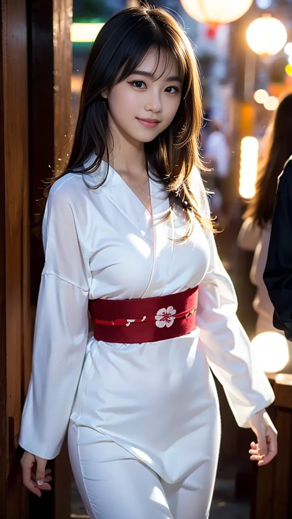 masterpiece, Highest quality，16K, Ultra-high resolution，The light and shadow of reality，((Enjoying a summer night festival wearing a long-sleeved black yukata with red floral pattern)),((The whole body is shown)),((Very skinny)),((Very slim and long beautiful thighs)),((Very slim and long beautiful calves)),((High nose、Small Mouth)),((Clean and slim face line)),((Big dark eyes with long eyelashes)),((Very small face))((Very slim and beautiful arms)),((She is very slim and has a great figure)),((Pure white beautiful skin)),((Cute Japanese Girls)),(Beautiful Eyes:1.1)，Reflecting clear eyes and a gentle smile,