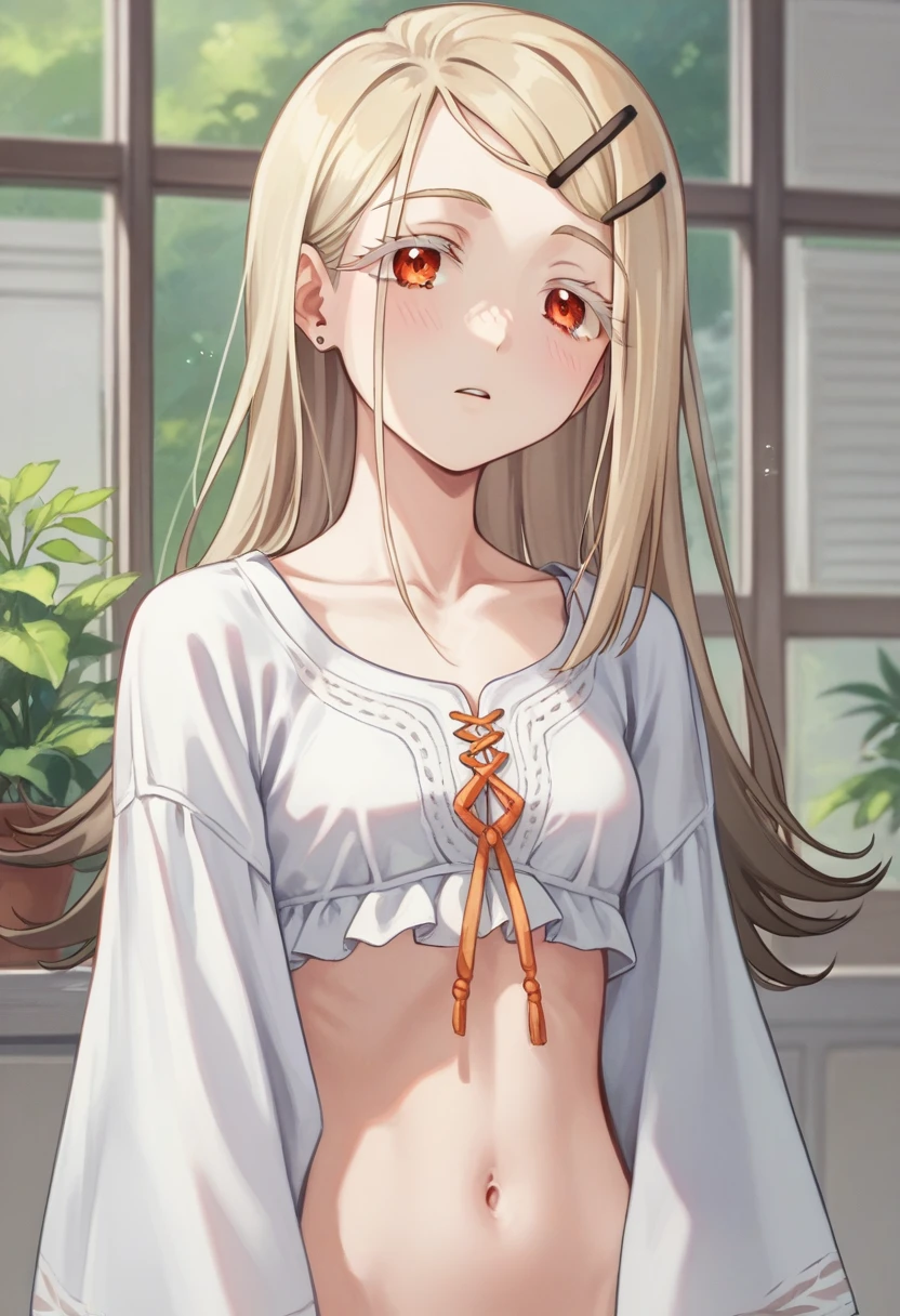 hiro-default,shinosawa hiro,slender,orange eyes,white eyelashes,blonde hair,long hair,hairclip、[[[[[[early pregnancy]]]]]], thin belly, girl, solo, best quality, very aesthetic, nsfw、白いマイクロビキニ