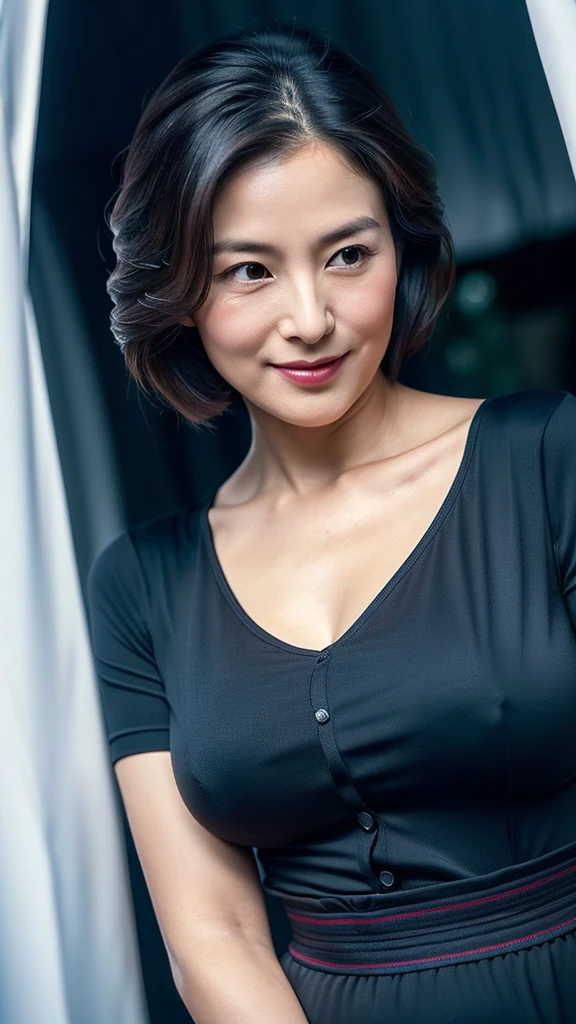 ((Highest quality)), ((masterpiece)), (detailed), Ultra cinematic, Blue hour, Ultimate ultra Photorealistic, ultimate high-quality 32k Leica M5 photo, A cowboy shot photo, a42yo ultimate beautiful & elegant Motherhood Japanese actress, looking at viewer, very embarrassed, much blush:1.9, 168cm,65kg,(She has a very intelligent and ultimate exquisite beautiful Japanese face&black eyes, pointy nose, ultra detailed face, ultimate exquisite nice-proportioned body and Décolletage and hips , black elegant&cute short bob, oval face, very blushing cheeks, very sweaty , ultimate well-proportioned face, seductive ­ smile, seductive large hips ,Curvaceous physique fascinating lovely body&Sensual proportions, black elegant cute short bob, very light naturally makeup:1.2), (a simple white very just fit pure v-neck t-shirts very drenched in sweat and white mini short pants), in dark Inside the tent at the rainy campsite ,enjoy drink beer in beer party