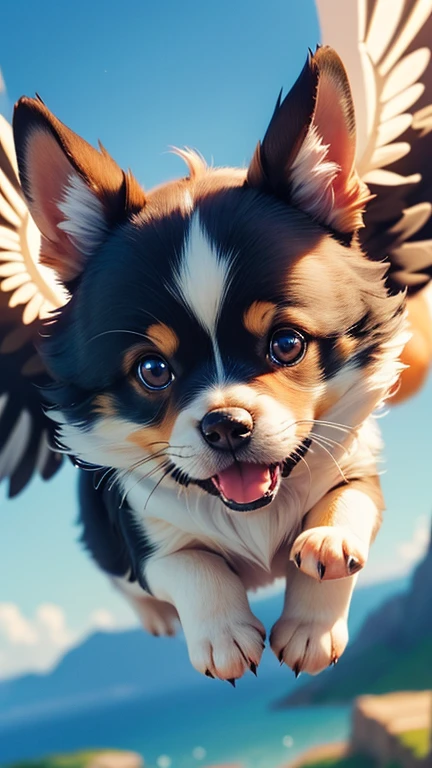 a cute flying puppy, adorable puppy, puppy with wings, puppy soaring through the sky, puppy mid-flight, puppy in the clouds, 1 puppy, whimsical, magical, fantasy, intricate details, soft fur, big eyes, tiny paws, (best quality,8k,highres,masterpiece:1.2),ultra-detailed,(realistic,photorealistic,photo-realistic:1.37),vibrant colors,warm lighting,cinematic composition,depth of field,beautiful scenery