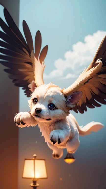 a cute flying puppy, adorable puppy, puppy with wings, puppy soaring through the sky, puppy mid-flight, puppy in the clouds, 1 puppy, whimsical, magical, fantasy, intricate details, soft fur, big eyes, tiny paws, (best quality,8k,highres,masterpiece:1.2),ultra-detailed,(realistic,photorealistic,photo-realistic:1.37),vibrant colors,warm lighting,cinematic composition,depth of field,beautiful scenery