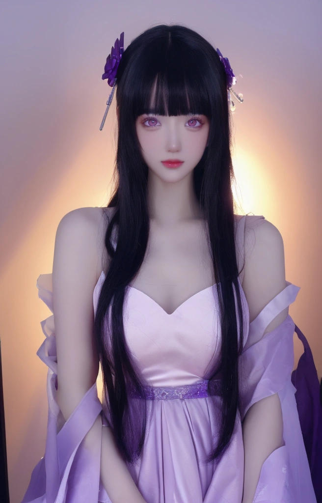 ulzzang-6500-v1.1,(raw photo:1.2),((photorealistic:1.30)), ((best quality)) ,((masterpiece)),((Ultra High Resolution)), ((Clear View)),,Ultra-high resolution,Clear face,(Reality:1.4) , illustration, an extremely delicate and beautiful, extremely detailed ,CG ,unity ,8k wallpaper, Amazing, finely detail, masterpiece,best quality,official art,extremely detailed CG unity 8k wallpaper,absurdres, incredibly absurdres, huge filesize, ultra-detailed, highres, extremely detailed,beautiful detailed girl, extremely detailed eyes and face, beautiful detailed eyes,light on face,cinematic lighting, 1girl, 独奏, long hair, purple hair, bangs, hair ornament, purple eyes, dress,