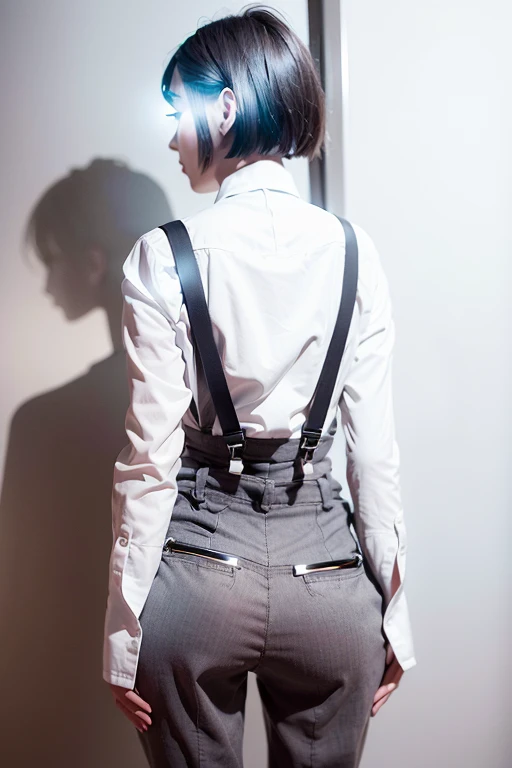 best quality, (photorealistic:1.4), 1girl, (black shirt:1.2), (grey long pants:1.2),(white suspenders:1.4), perfect female figure, full body, from back, white background, short hair, slim
