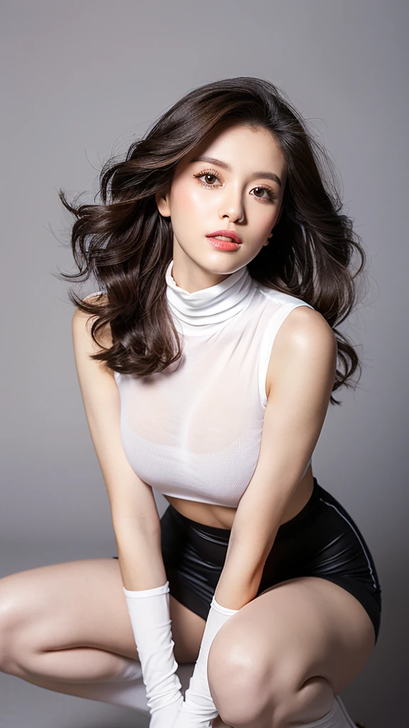 vivid,Larger breasts,((between legs)),cute,(Detailed face),cloth,Sharp Eyes,Turtleneck sleeveless lightweight(White plastic)Clothes,Ultra-high resolution,(Photorealistic:1.7),Long, curly black hair,Gray background,