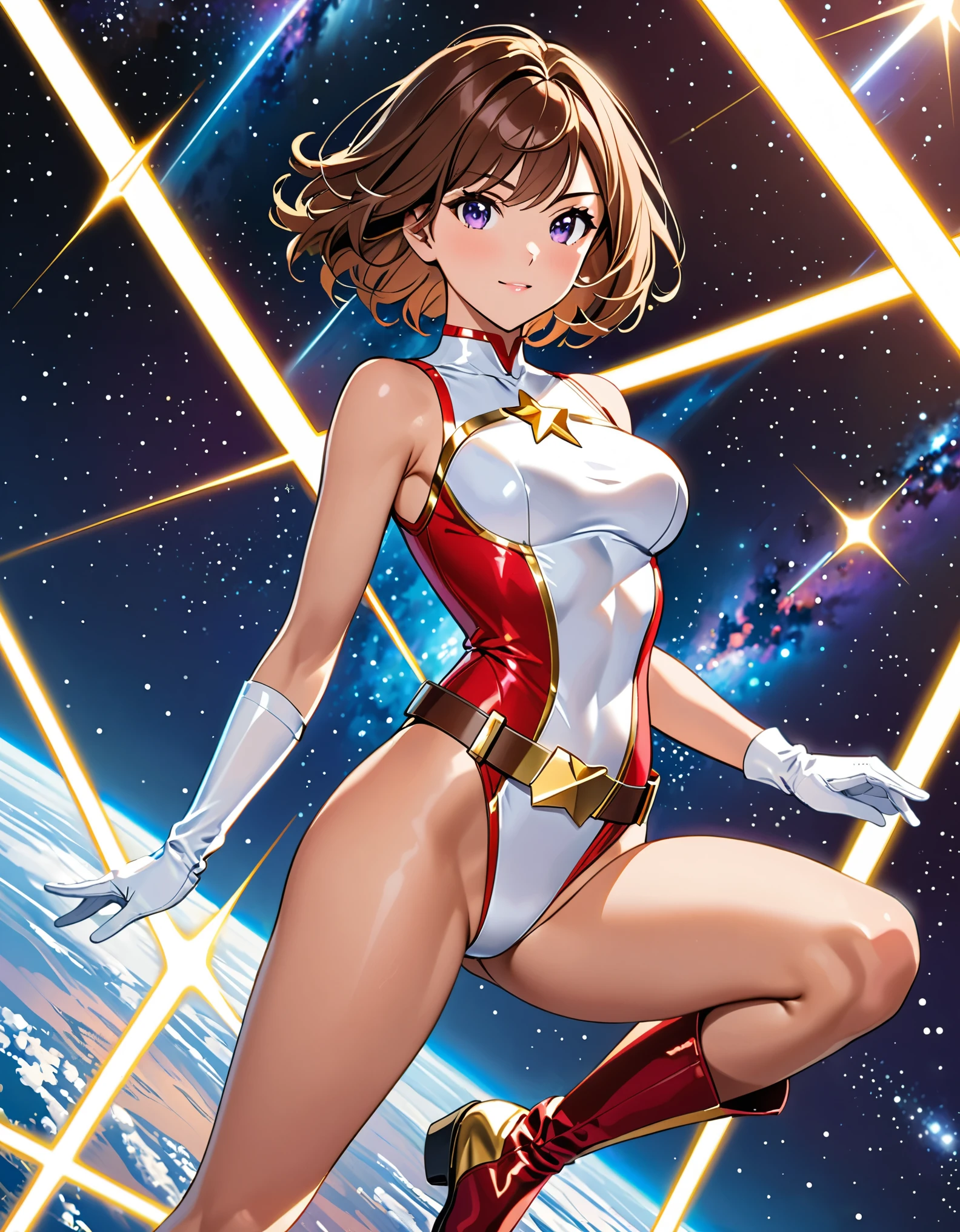 (masterpiece), (best quality), (high res), medium breasts, ((leotard, white and red leotard, matching leotard, sleeveless, bare legs)), ((tight belt, gold belt)), ((boots, matching boots, ankle-high boots, white boots)), ((gloves, white gloves)), space backdrop, solo, solo focus, flying like a superhero, (full body), cowboy shot, superhero, ((beautiful detailed eyes)), ((gold star symbol on chest)), (brown hair, medium hair, bob hair, purple eyes), (perfect hands, perfect anatomy), superhero, ((beautiful detailed eyes)), full body costume design.