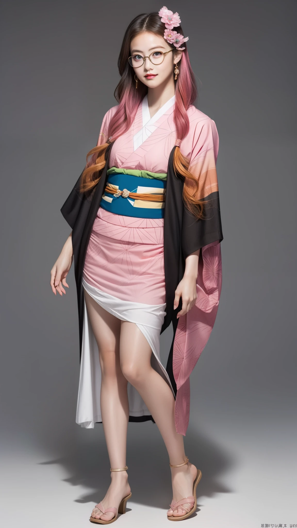 Cute Japanese woman, (), (very cute face), white moisturized skin, looking at the camera, melancholy expression, (glasses: 1.4),
BREAK,
Idol,
BREAK,
(wearing cute kimono: 1.3), (kimono with high exposure), very large earrings, short length,
BREAK,
(long hair), (pink hair: 1.4), (wavy hair), (gradient hair: 1.3), (hair with red ends),
BREAK,
(realistic: 1.3), masterpiece, perfect lighting, (ultra-high resolution), (8K), (highly detailed: 1.4), (from the front), (full body: 1.4), (symmetrical: 1.2), (one shot),
BREAK,
(Shibuya city in Japan: 1.2),
BREAK,
(Demon Slayer: 1.4),