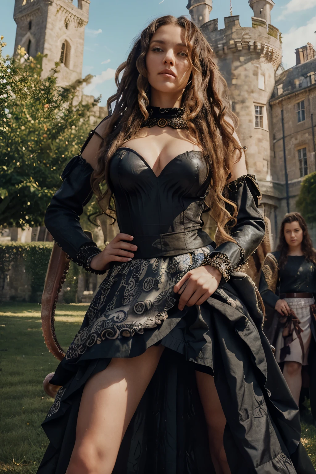 a tall, stately knight with curly curly hair and her squire, Middle Ages, Castle in the background, ((masterpiece)), ((Best quality)), (ultra detailed),(monster),(((many tentacles wrap around the body and climb under the skirt)),