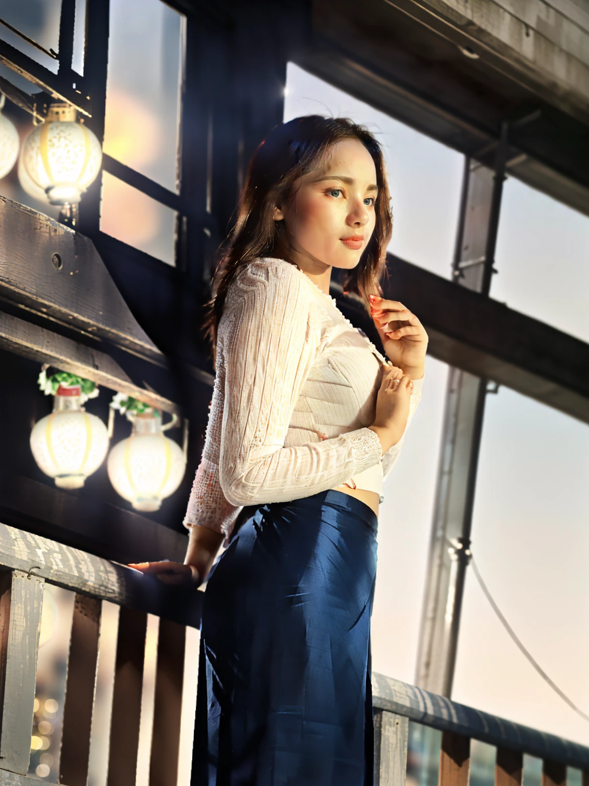 pretty lady MoonLay, innocent cute smile, cute and pretty face, red lips, (stylishly standing alone and leaning against the balcony wall:1.5), (seductively gazing up to the sky:1.5), (night:1.5), smooth face skin, traditional beauty, cinematic portrait glow lighting, acmm ss outfit, wearing acmm top, (white shirt:1.3), long sleeves, wearing acmm long skirt, (red long skirt:1.3), stiletto high heel, (full body portrait side view:2), (two story building rooftop balcony with vibrant colorful hanging lanterns with small townscape background:1.5), (cinematic bokeh blur background:1.5), cinematic lighting, perfect anatomy, perfect hands,