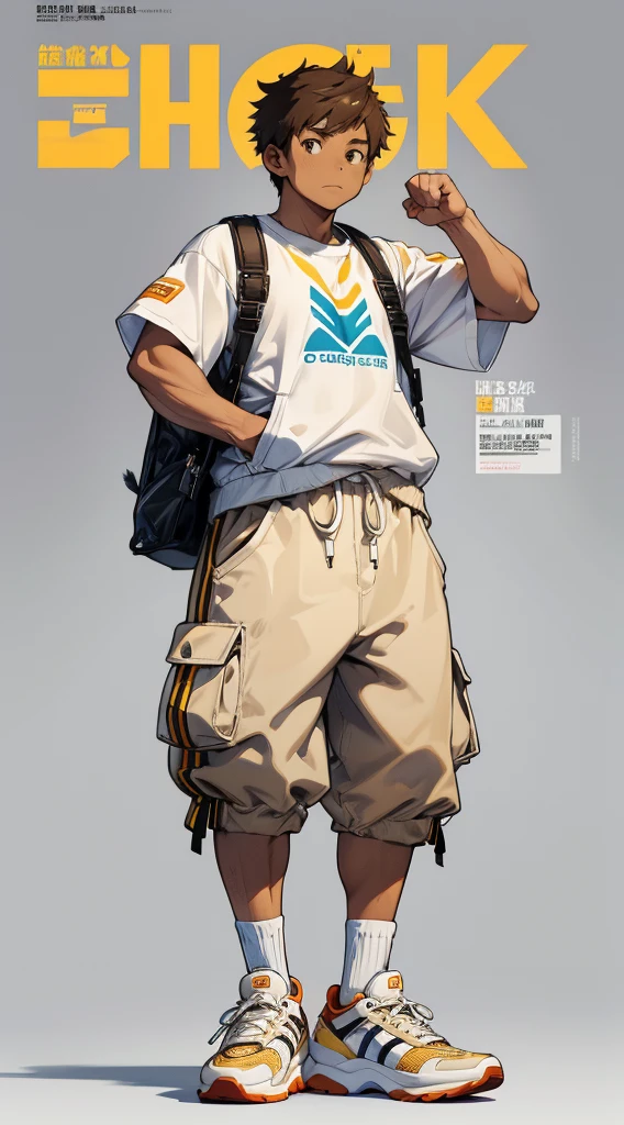 A character based on a light brown chicken, whole body, Wearing big sneakers, Simple Background, Magazine Cover, サイバーパンク, Feather-like clothing, raised fist, projected inset, UHD, best quality, highres, 8k