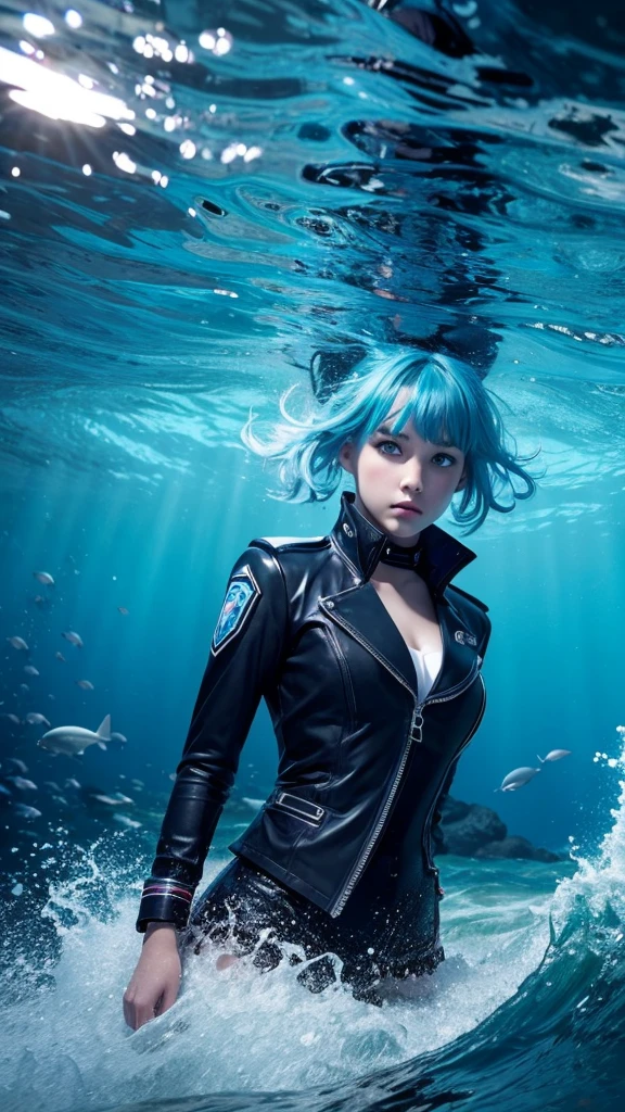 Rubber suit with open chest、Leaning forward、Diving Underwater、Ocean、Real Beauty、ＡＩBeauty、Light blue hair