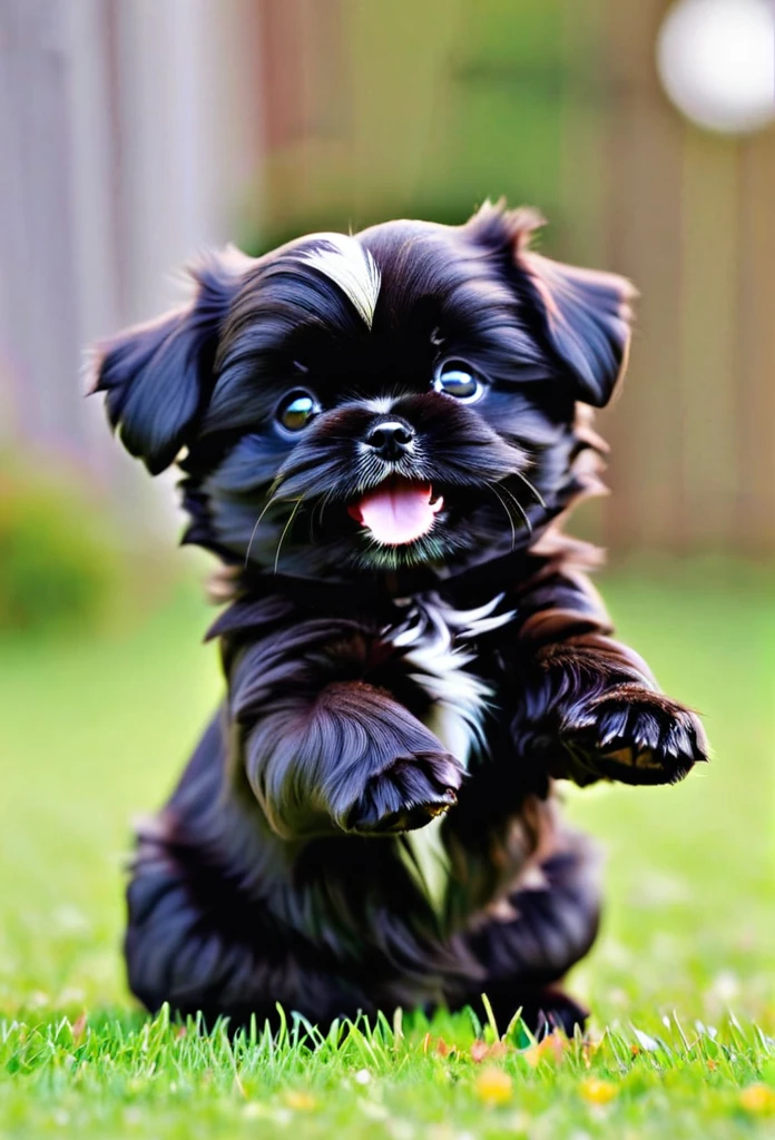 2 adorable small black Shih Tzu puppies playing