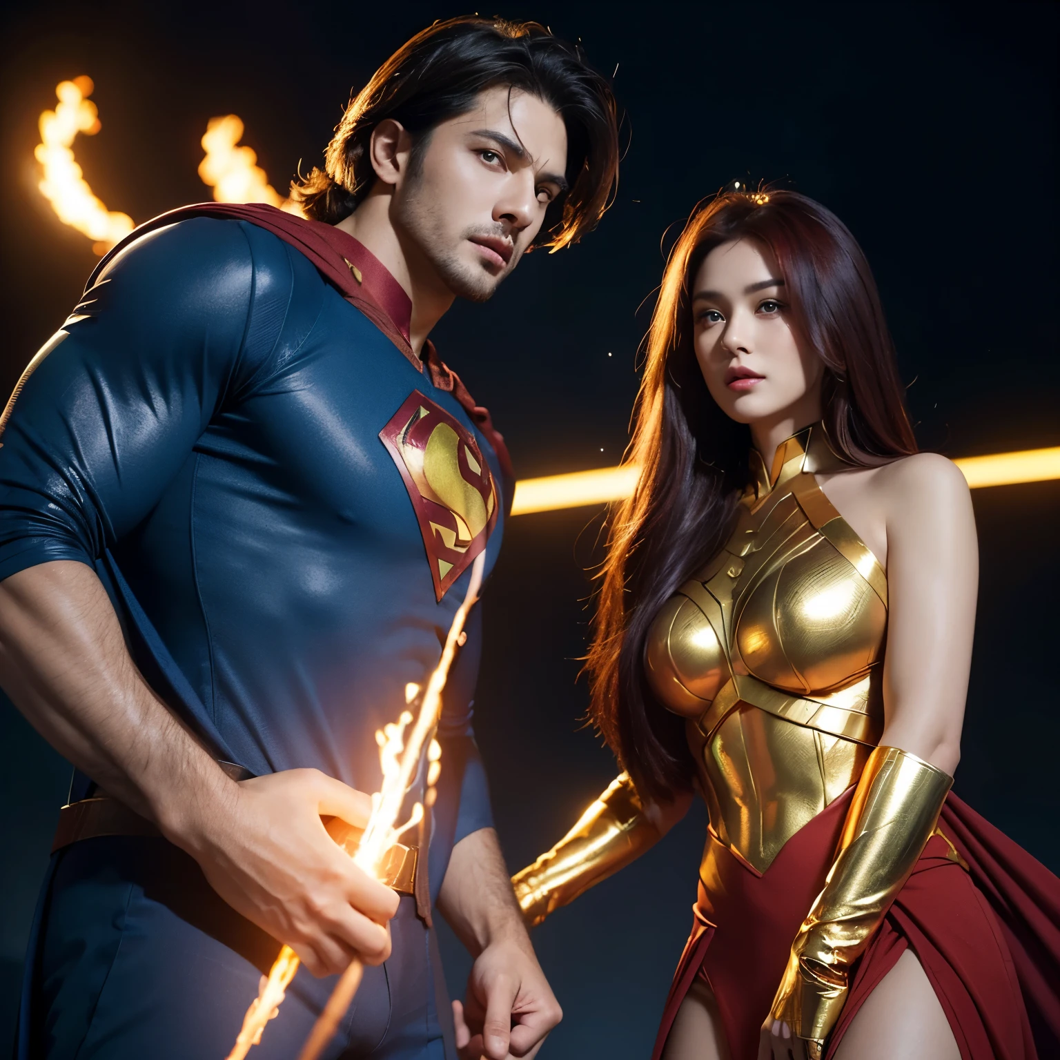 A highly detailed and vibrant digital illustration featuring full body two superhero characters. super detailed face and super realistic eyes. Full body two superheroes, a handsome man and a pretty woman, looking the camera, with glowing orange light and fire behind them. The man is dressed in a gold and blue costume with a golden shoulder armor, while the woman wears a golden tiara and a red top with a flowing dark blue hair. They standing on super tank and near a Army helicopter. Masterpiece, close up, super sharp, super detailed, UHD, 68K.