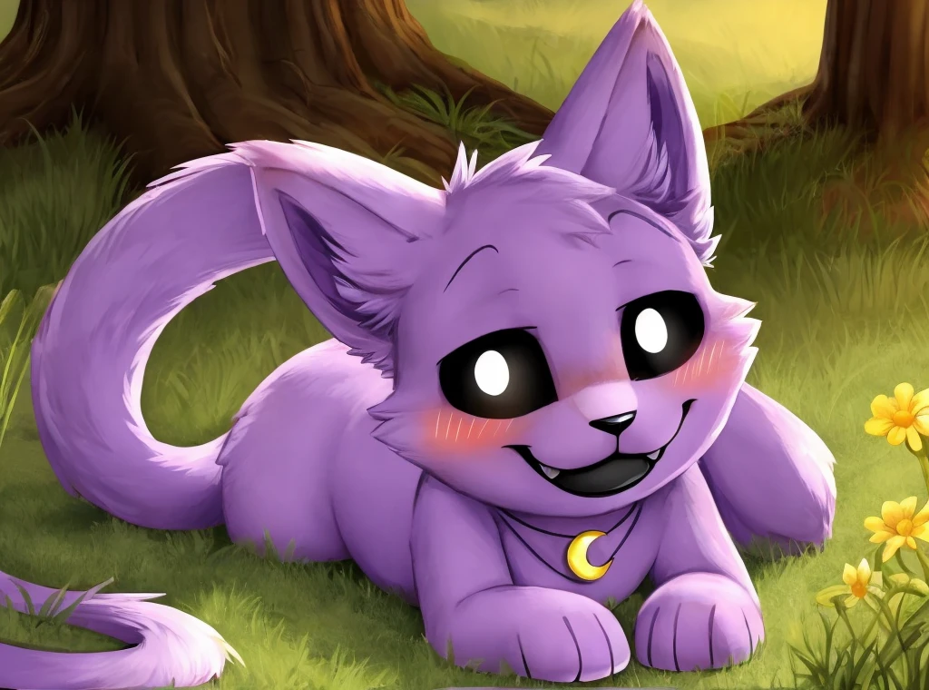  beautiful background, detailed background, grass, three-quarter view, 
BREAK, 
 Baby Catnap, in panties, naked, split hole, laying on the ground, smile, blush, looking at viewer, cute, closed mouth, black eyes with white pupils, black mouth, (yellow crescent-shaped necklace), purple fur, great anatomy, long cat tail, pawspads