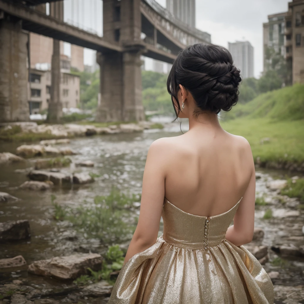 Outdoor、One woman、Elegant dress, black hair, parted bangs, half updo, Surrealism, from behind, UHD, retina, masterpiece, accurate, super detail, high quality, high details, 16k, highres