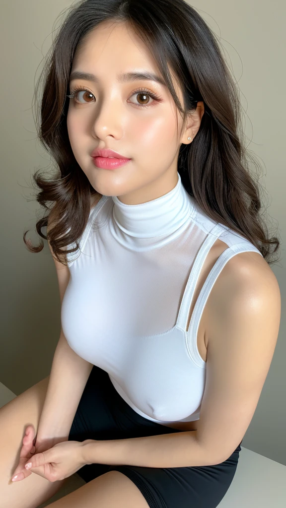 vivid,Larger breasts,((between legs)),cute,(Detailed face),cloth,Sharp Eyes,Turtleneck sleeveless lightweight(White plastic)Clothes,Ultra-high resolution,(Photorealistic:1.7),Long, curly black hair,Gray background,