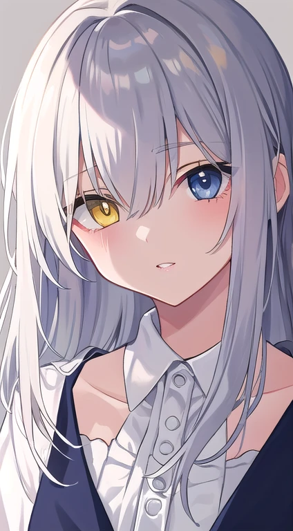 (Disheveled silver hair:1.1) (Heterochromia yellow eyes and blue eyes:1.2) (Colored stars in my eyes:1.0) (Shining Light:1.1) (Big Lips:0.9) Full body portrait