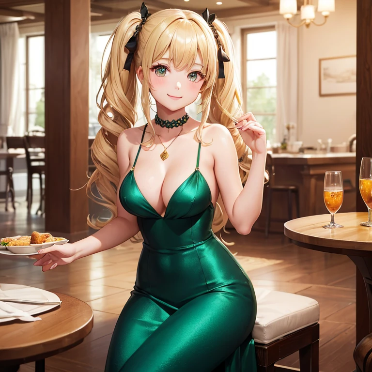 (highest quality:1.4, High resolution:1.4),1girl,_old,cutein tails,bangs,blonde hair ornament,natural makeup,Green gown,Clavicle protrusion,cleavage,Evening Party Venue,Chatting,gold necklace,smile,medium breasts,Sitting at a table and having a conversation,upper_body,looking_at_viewer,