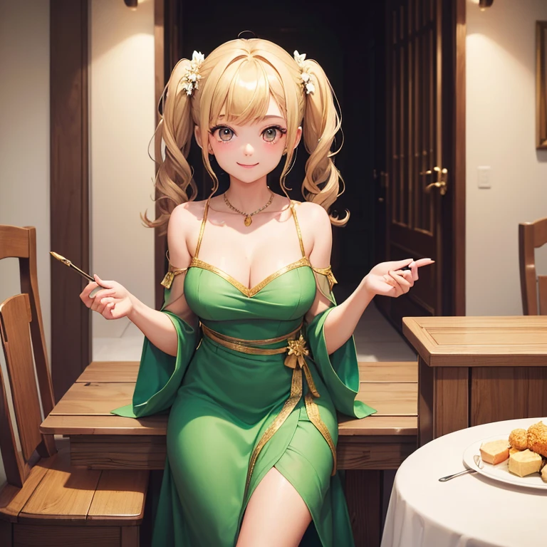 (highest quality:1.4, High resolution:1.4),1girl,15 years_old,cute,twin tails,bangs,blonde hair ornament,natural makeup,Green gown,Clavicle protrusion,cleavage,Evening Party Venue,Chatting,gold necklace,smile,medium breasts,Sitting at a table and having a conversation,upper_body,looking_at_viewer,