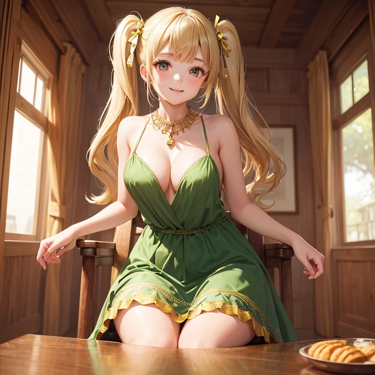 (highest quality:1.4, High resolution:1.4),1girl,_old,cutein tails,bangs,blonde hair ornament,natural makeup,Green gown,Clavicle protrusion,cleavage,Evening Party Venue,Chatting,gold necklace,smile,medium breasts,Sitting at a table and having a conversation,upper_body,looking_at_viewer,