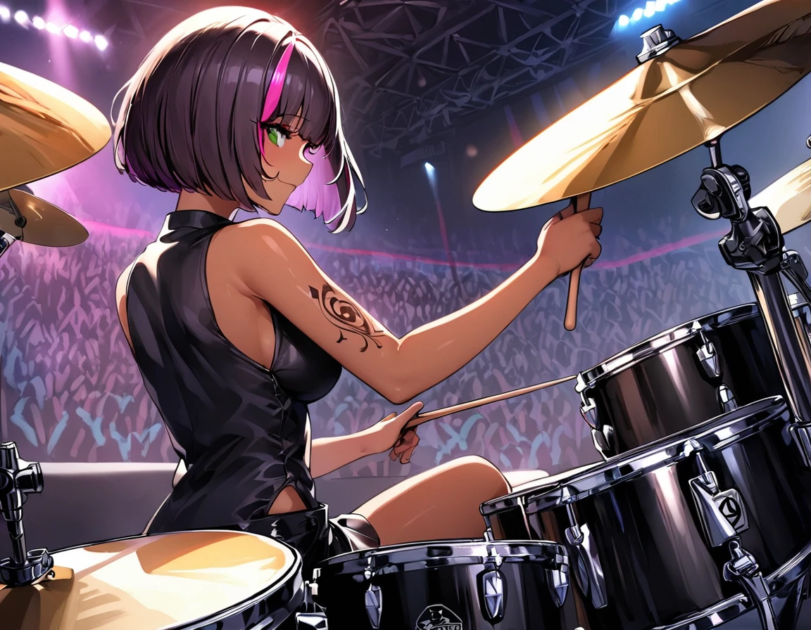 (highest quality:1.2, Very detailed, up to date, Vibrant, Ultra-high resolution, High Contrast, masterpiece:1.2, highest quality, Best aesthetics), girl, (独奏), slim, ((drummer:1.8)), heterrochromia, green eye, red eye, Passionate performance、stage、Bright colors、Beautiful fine details、Beautiful lip detail、extra short hair, ((bob cut:1.5))、pink and purple ((streaked hair:1.9)), (highlights hair: 1.6), middium breast, (tan skin:1), Concert Light、Edgy Style、colorful Cheongsam, (no sleeve:1)、Dynamic Movement、hypnotic sounds, (girl playing a drum set,drum performance,drums,Drumstick,sitting:1.2), (The drum set includes Bass Drum, Floor tom, Snare drum, Rack tom, Hi-hat, Crash cymbal, Ride cymbal:1.3))), sitting small drum chair in the center of drum sets, holding drumstickes on both hands, Stadium、amplifier、Loud music、,Sparkling stage、Concert atmosphere、Music Festival、Full of emotion、Rock star attitude、Resolute expression、Avid Fan、The presence of an attractive stage、 Expressive gestures、Rock star aura、An exciting atmosphere、An unforgettable show, (Floral Fineline tattoo design on right arm:1), side view