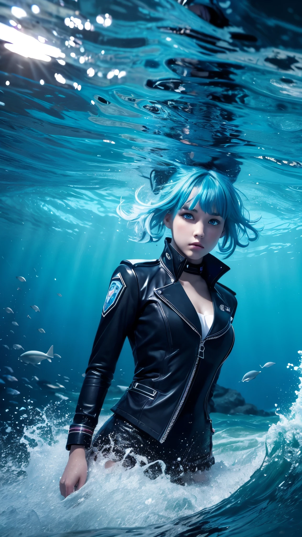 8k, One girl, High collar, nice, (Fractal Art 1.8), Pouting, Young people, Blue Hair, Deep in the ocean, nice, dynamic, Visual impact, Put your hands in your pockets, (Lens Wave 1.5)