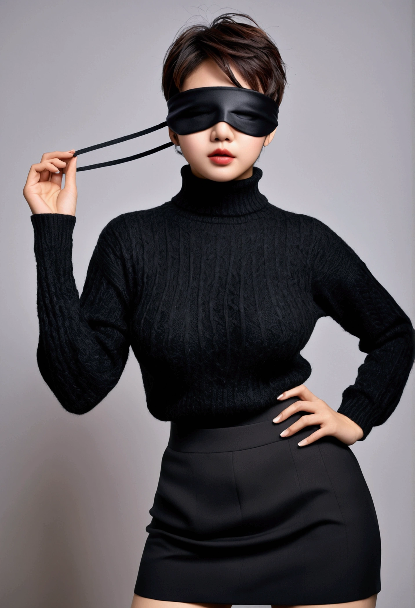 1 Japanese female,(Messy fluffy pixie cut:1.2)、8k、RAW Photos、high quality、high quality、Highly detailed photos、Eye on the details、Super detailed face、Ultra-precise reproduction of hair、Ultra-detailed body、(photography lighting:1.3)、Dark brown short hair、Good lips、Natural Makeup、 (Dark grey cable knit turtleneck sweater:1.2)、(High-quality fabric:1.3), (Slanted Eyes)、Tilting Head, (Huge breasts:1.2), Thick thighs, Thick waist, (Realistic, Photorealism: 1.37),(Full Body Shot),(High heels),(Are standing),View your viewers,(((Big black blindfold)))、Mature Woman、50th Generation、Lower body naked、