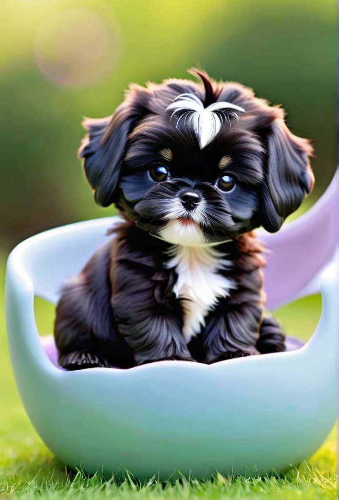 2 adorable small black Shih Tzu puppies playing 