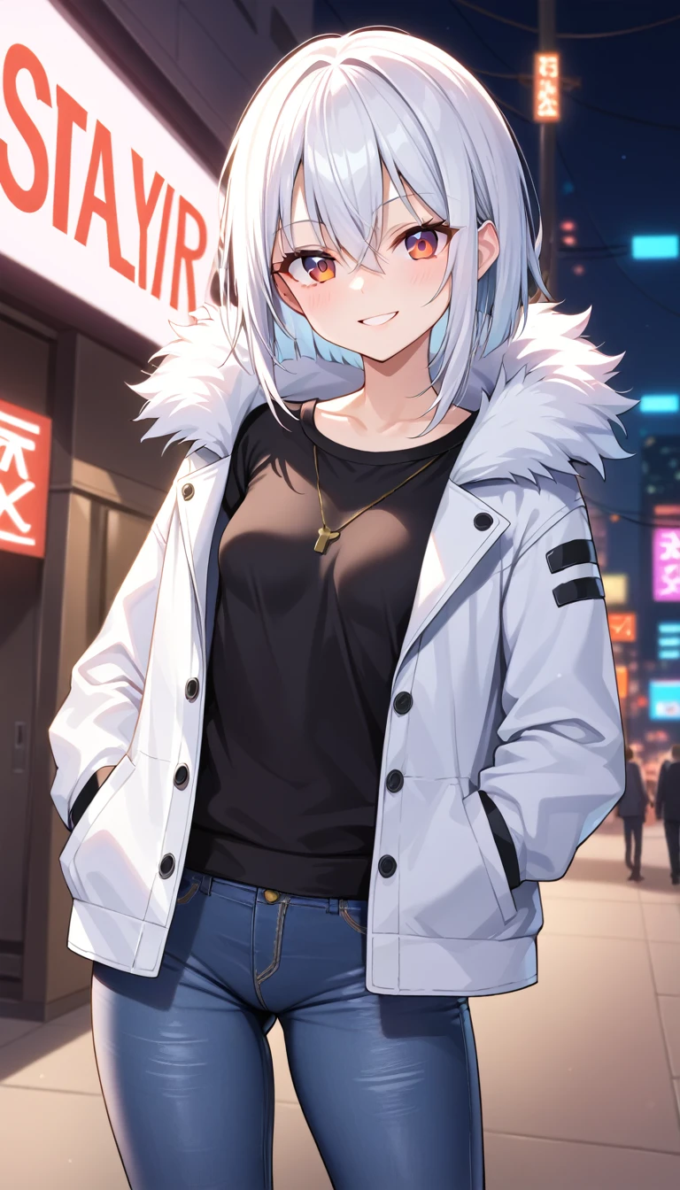 1girl, 15 years old, slim, small breasts, white hair, hairs between eyes, shoulder length hair, pale skin, bright red eye, white duffle coat and long-sleeve black sweater, open jacket, jeans, gold pocket watches hanging from the neck, BREAK kawaii, smile, cowboy shot, pose, cyberpunk, night city, neon light, light particle, BREAK smooth skin, cinematic lighting, volumetric shadow, BREAK score_9, score_8_up, score_7_up,