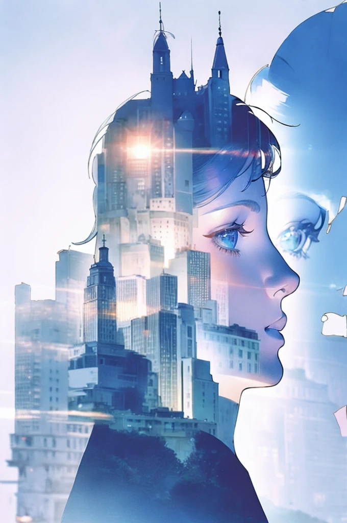 Depicting events in a dream、The moonlight was a little hazy、 Translucent girl、Moonlight passes through the body、((Super multiple exposure where the background passes through the body))、I can see your beautiful feet、full body Esbian、Buildings on the background、Midnight City、