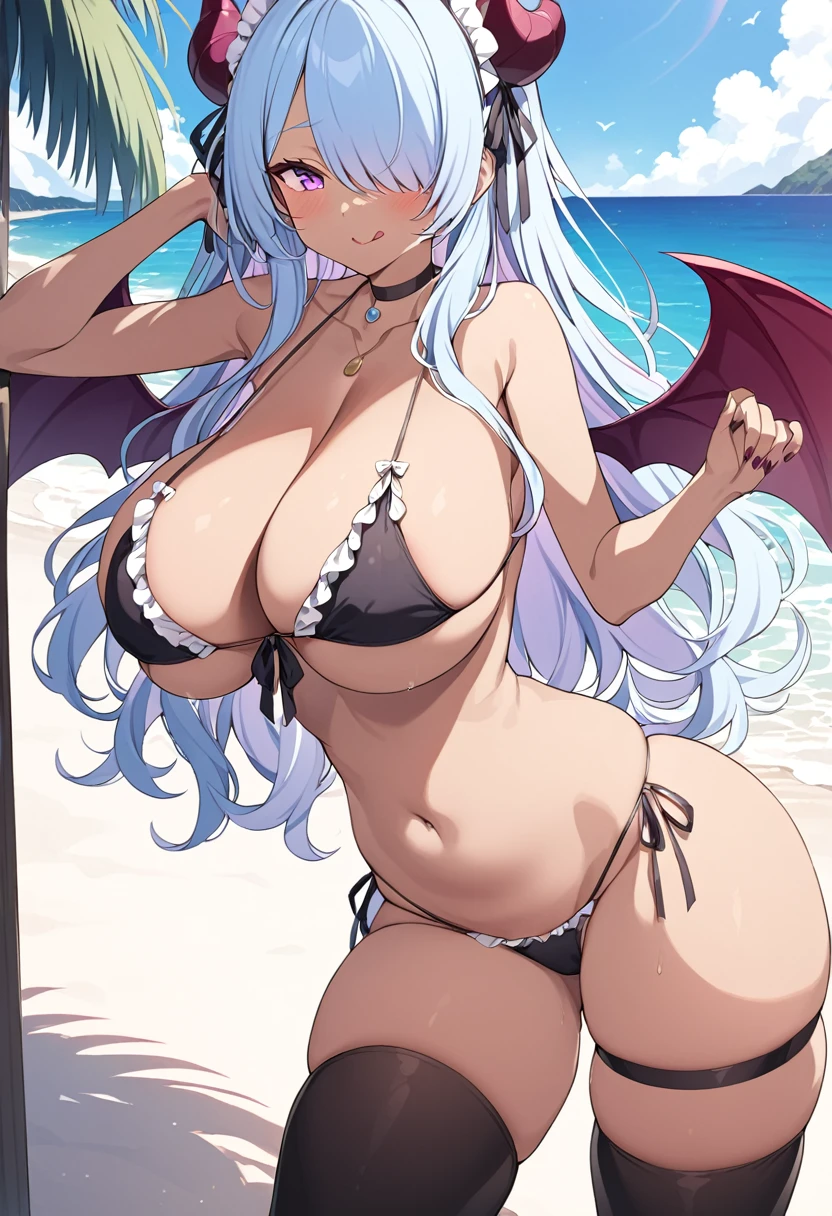 (masterpiece), (best quality), (ultra-detailed), (illustration), (an extremely delicate and beautiful), sagging breasts, disproportionate breasts, 1girl, solo, long hair, breasts, looking at viewer, smile, large breasts, thighhighs, navel, cleavage, bare shoulders, jewelry, purple eyes, swimsuit, pale blue hair, bikini, cowboy shot, outdoors, frills, wings, horns, choker, day, tongue, dark skin, tongue out, pink eyes, necklace, stomach, hair over one eye, dark-skinned female, maid headdress, skindentation, thigh strap, black bikini, side-tie bikini bottom, ocean, halterneck, black choker, beach, seductive smile, naughty face, demon girl, demon horns, front-tie top, string bikini, frilled bikini, demon wings, :q, front-tie bikini top, multi-strapped bikini, topless, bikini lift, mesugaki, Round Breasts, 