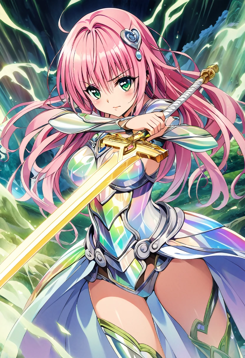 A girl named Lara Satalin Deviluke with long pink hair and green eyes, wearing a hair ornament with iridescent colors. She is dressed in ornate, iridescent armor and standing in a mystical battlefield with ethereal creatures and magical elements around.holding a sword,fighting stance,The image is in the style of Yabuki Kentaro’s To Love-Ru art style, aiming to be a masterpiece of the highest quality, resembling official art and a grand prix award illustration. The image should feature professional lighting and emphasize iridescent colors throughout the scene.