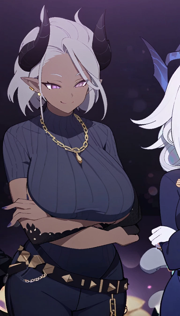 Dark-skinned chubby woman, black dragon horns on head, short Android 21 silver hair, violet eyes, long pointy ears, black scales on skin, gold jewelry, mischievous smile, white cropped ribbed top, dark blue jeans, black studded belts, jean chains, crossed arms, dark gradient background