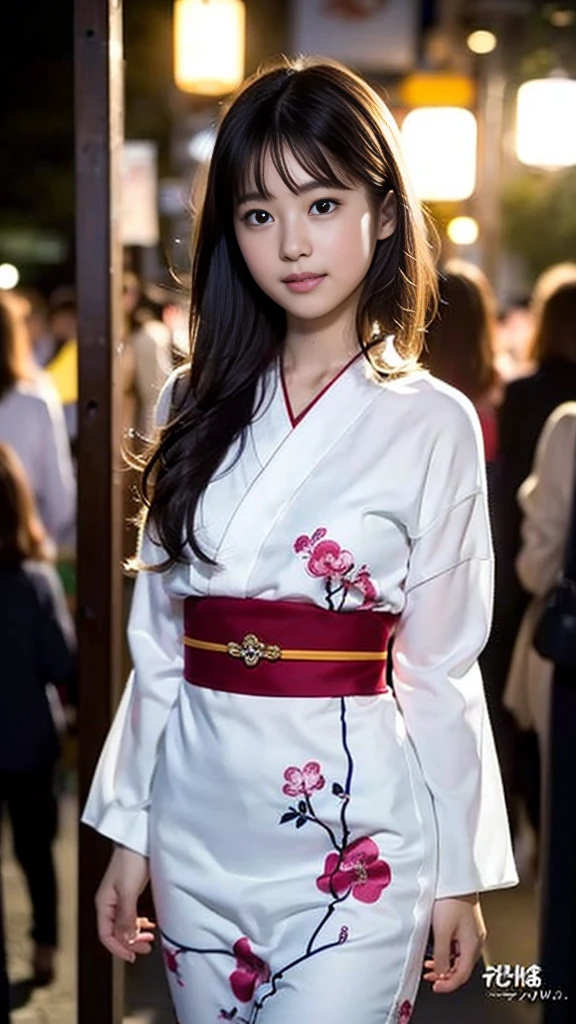 masterpiece, Highest quality,16K, Ultra-high resolution,The light and shadow of reality,((Enjoying a summer night festival wearing a long-sleeved black yukata with red floral pattern)),((The whole body is shown)),((Very skinny)),((Very slim and long beautiful thighs)),((Very slim and long beautiful calves)),((High nose、Small Mouth)),((Clean and slim face line)),((Big dark eyes with long eyelashes)),((Very small face))((Very slim and beautiful arms)),((She is very slim and has a great figure)),((Pure white beautiful skin)),((Cute Japanese Girls)),(Beautiful Eyes:1.1),Reflecting clear eyes and a gentle smile,