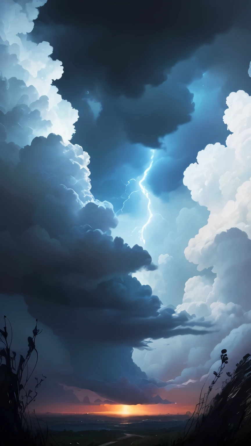 ((best quality)), ((masterpiece)), (detailed), A digital illustration of a dark blue sky with storm in the background