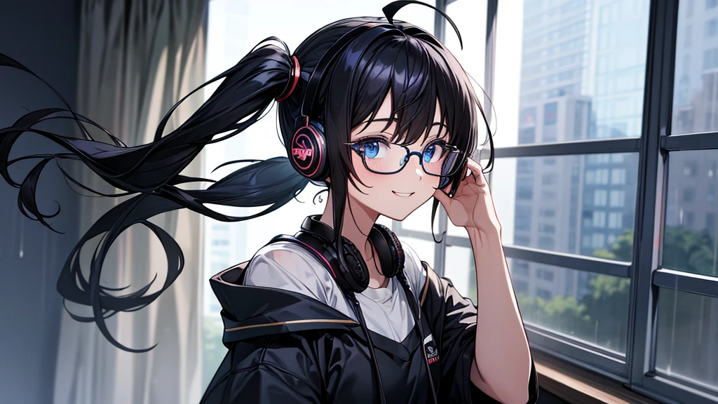 ((UHD, super detail, best quality, highres)),black hair, ahoge, hair over shoulder, twintails, hair bobbles, headphones, bespectacled, blue eyes, smile, (headphones), anime, anime style, It is raining outside the window, and I am in my room listening to music and studying.