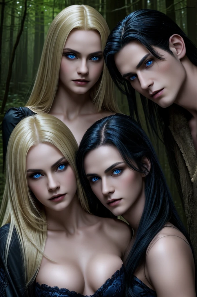 Of the vampire hobrees, twin brothers (black hair, length up to the neck, and blue eyes) in clearing in the night forest, "having sex" to a vampire girl, their younger sister, (blonde, with blue eyes) "+18"