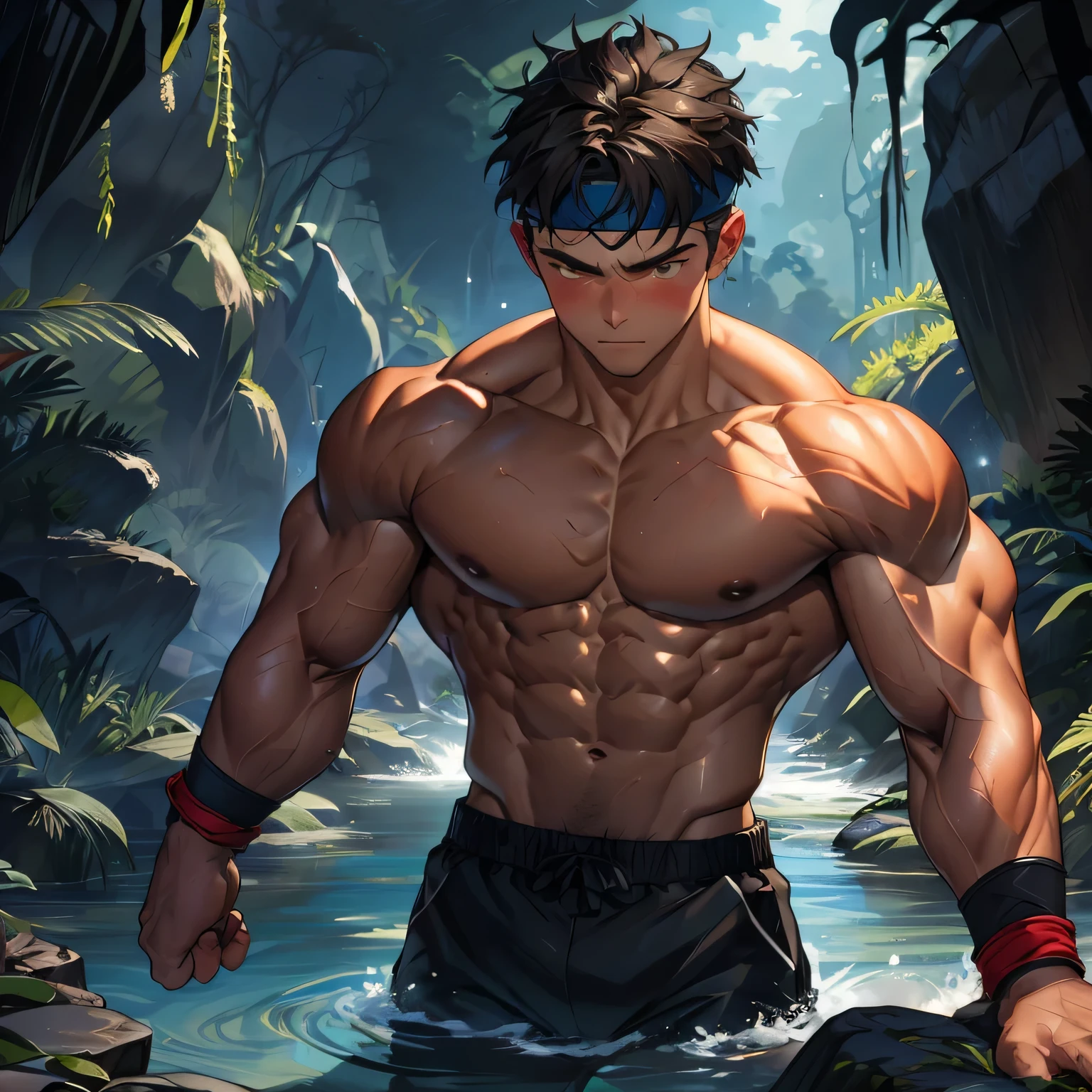 ((masterpiece)), ((best quality)), (ultra-detailed), (((((in the cave, deep night))))), (8k, ultra-detailed, 17 year old boy, worm eyes, black background), Young boy, muscler, Shirtless, ((((solo, fullbodyesbian, flesh boy, tough boy, reliable boy, developed body, kung fu fighter, blue aura effect, water particles, holding water energy ball, uses magic to make a ball of water float as if juggling it)))), (Dark Short straight hair, ((almost completely shaved hair)), under cut, brown eyes), (red headband, ((black wristband)), leather belt), Vivid colors, ((hot Abs, abs!, big abs, big breast, chest!, muscler upper arms)), muscler!, muscler body, detailed face, detailed muscle, (((rippling muscles)))