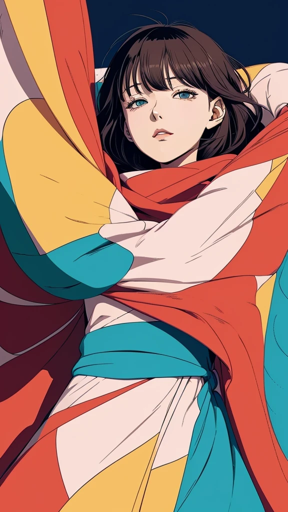 Close-up professional photo of a young woman wrapped in a colorful and warm quilt, Cel Shading, Bold outline, Flat Color, Sharp Shadow, Graphic Style, (Manga influence:1.3), Beautiful line drawing, Impressive visuals,comics