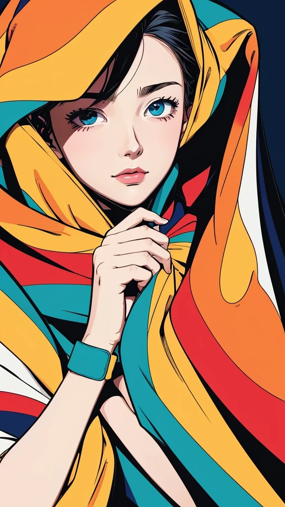 Close-up professional photo of a young woman wrapped in a colorful and warm quilt, Cel Shading, Bold outline, Flat Color, Sharp Shadow, Graphic Style, (Manga influence:1.3), Beautiful line drawing, Impressive visuals,comics