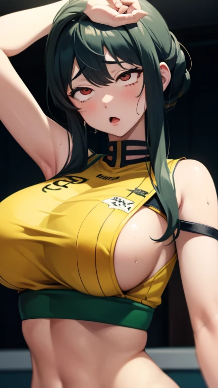 a close up of a person wearing a basketball uniform, a picture, inspired by Kentaro Miura, trending on pixiv, Yor Forger, Spy x Family, wearing yellow nba jersey, yellow croptop nba jersey, wearing a low cut croptop, wearing croptop, croptop, the words "Lakers" written on the croptop, golden raito, (winking), shirobako, large)}], favorite scene, fine details. anime. skins, sweating, big breasts, both hands raised, armpits, armpits visible, dripping with sweat, more more sweat, sweaty armpits, sudando mucho, pechos very more breast, ropa pegajosa, toda sudada, very very more breast, very very more breast, menos ropa, very more sudor, menos ropa, sudor exagerado y mucho más pechos, very mostró breast, very very breast, very more breast expensive, very more expendive