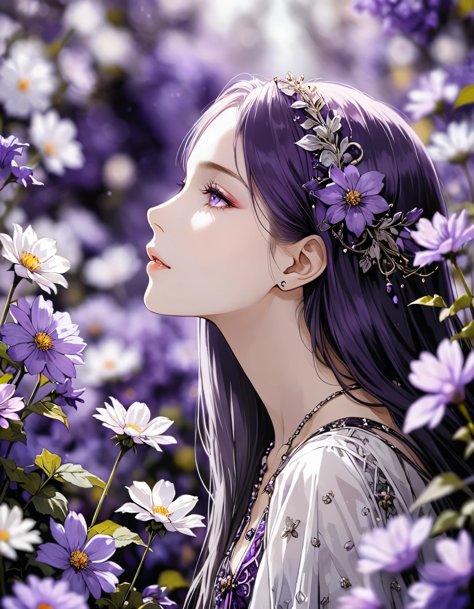 (in style of Harry Clarke:0.5),(in style of Santiago Caruso:0.7),
1girl,Long hair,Beat Clothing,Delicate girl's facial makeup,(((Bright natural side light,Bright tones))),Golden hour,
BREAK
flower background,(flower foreground:1.6),( background blurred:1.7),from_Side,figure-centered composition,look up,(photo:1.4),(authentic:1.5),mid_shot,looking at viewer,(blurry foreground:1.8),Atmospheric violet,