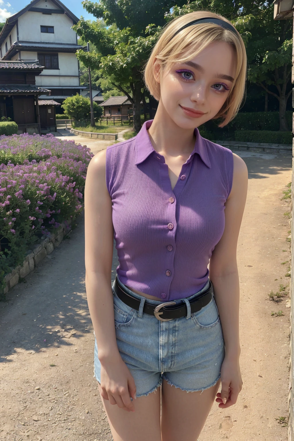 1 woman, adult woman, woman in her 30s, tarankaaa, NOT DASHA TARAN, full body standing, perfect body, best quality, 32k, photograph, full body (head to toe), tone mapping, ((houjou satoko,short hair,black hairband,blonde hair,violet eyes,hair between eyes,collared shirt,sleeveless shirt,pink shirt,shirt tucked in,mid sized breasts,belt,short shorts,blue shorts,white socks,pink footwear, athletic, big woman)), asian-european, ((golden blonde hair, short hair, purple eyes)) perfectly drawn hands, ((masterpiece)), ((highres)), ((detailed background)), japanese village background, next to a river, (big proportions), cute pose, beautiful smile, ((perfect eyes, detailed eyes, realistic eyes)), ((sharp face, detailed face, realistic face, natural skin, realistic skin, detailed skin, pores)), (real wider legs, truly wider arms)